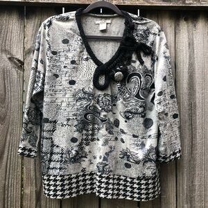 Alberto Makali Vintage Printed Top Size XL Gray Black Embellished Sequins